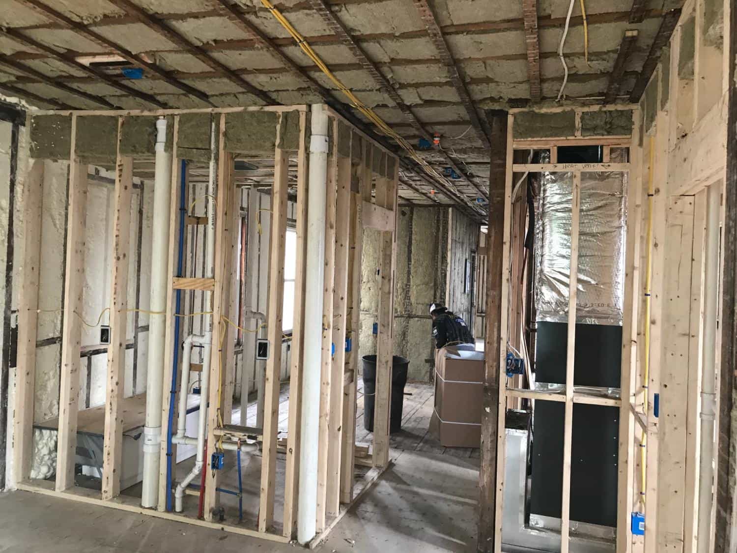 Interior walls framed out during a renovation